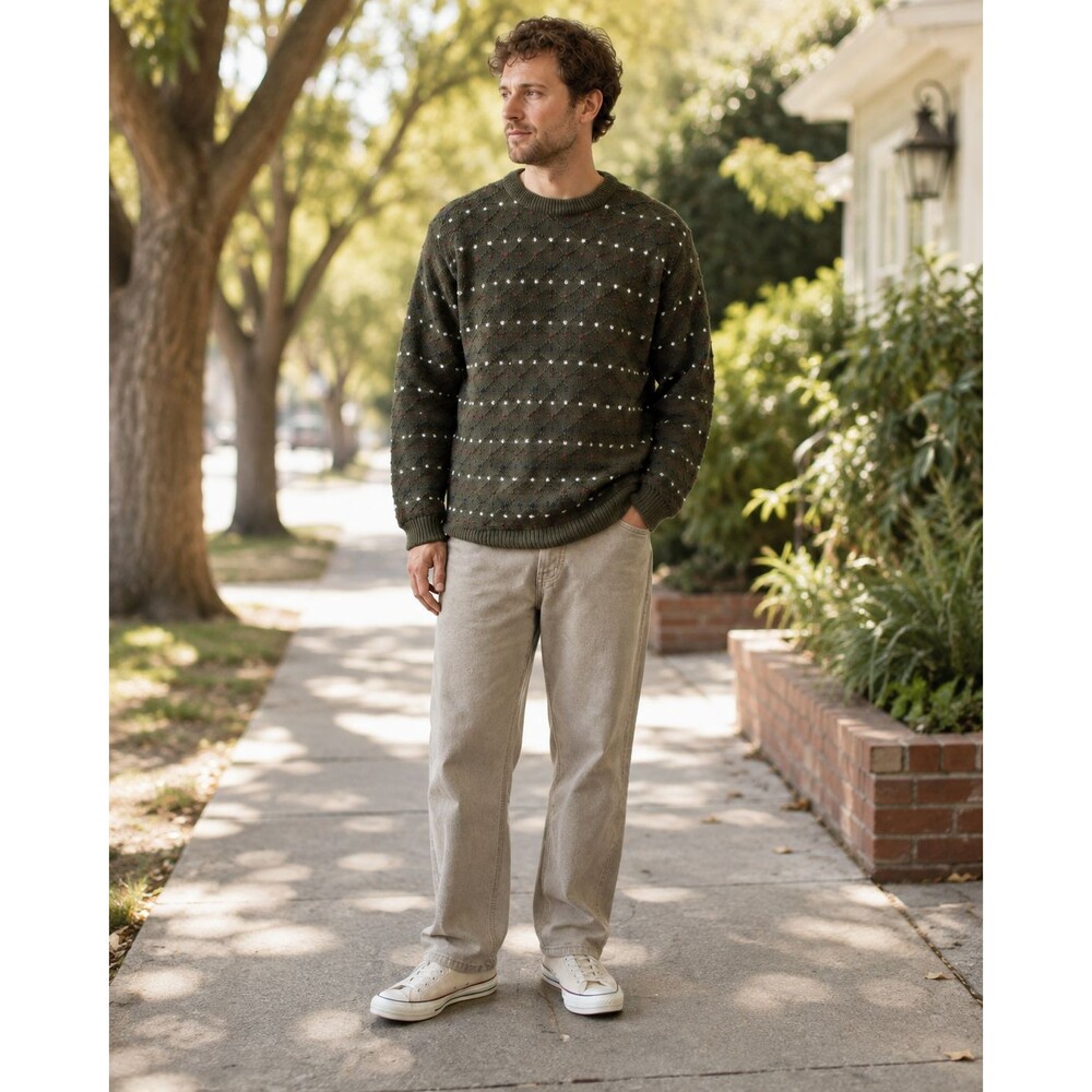 Vintage 90s Made in USA Mens M Chunky Olive Green Knit Grandpa Crewneck Sweater